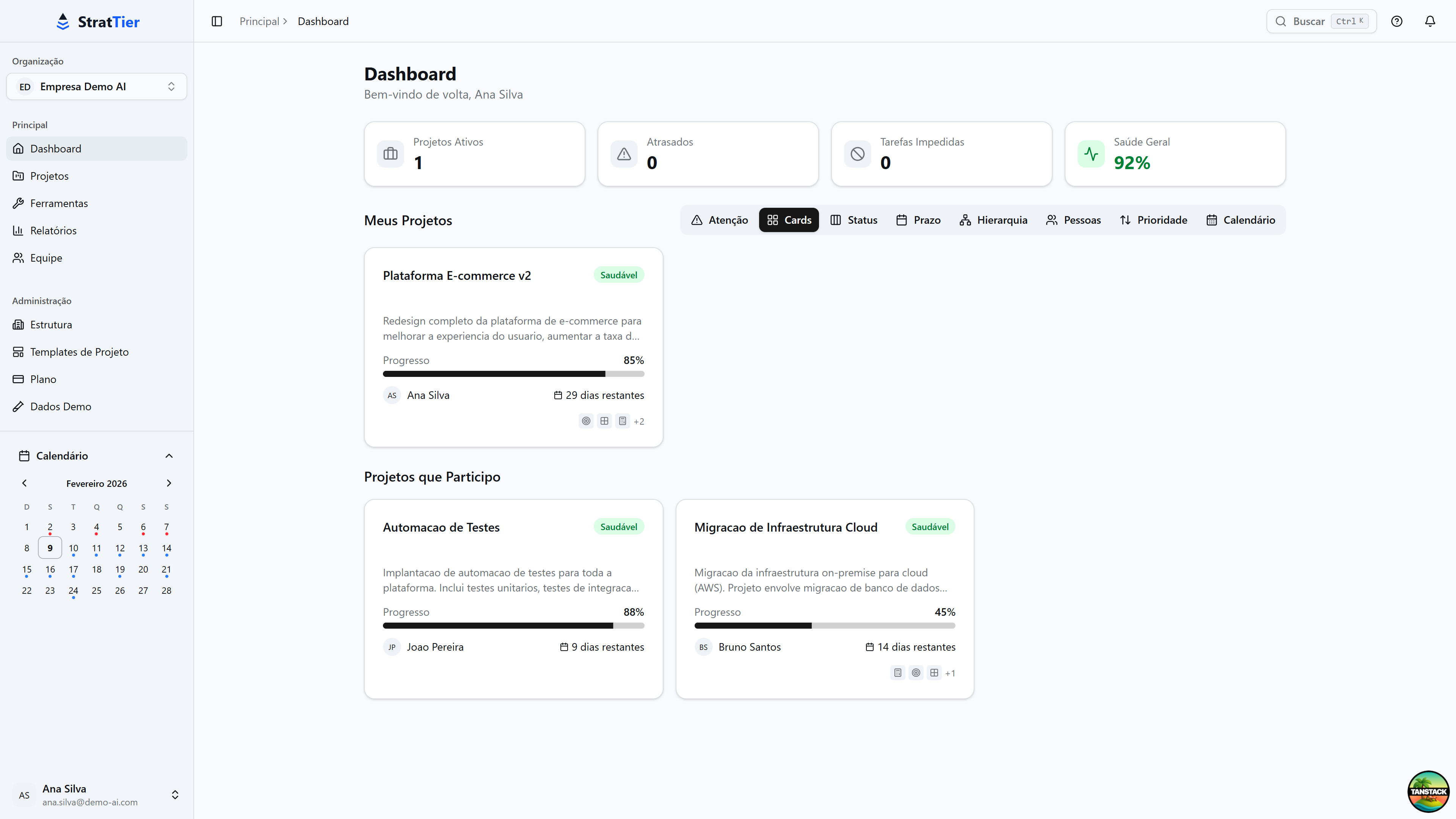 GET dashboard showing project cards with status and progress